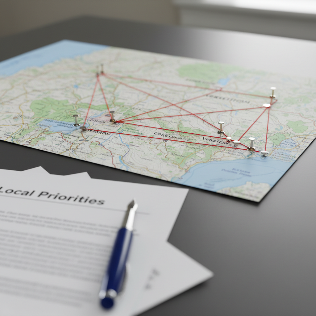 A detailed, high-resolution topographic map of the Kelowna-Lake Country-Coldstream region lies flat on a smooth, charcoal-coloured desk. Thin red string neatly connects key communities and landmarks, anchored by small metallic push pins, suggesting coordinated local advocacy. A blue fountain pen and a tidy stack of white briefing documents labeled “Local Priorities” sit in the foreground, slightly blurred. Soft overhead office lighting combines with faint natural window light from the side, producing gentle reflections on the pen and pins, with minimal shadows. Shot from a slightly elevated angle with moderate depth of field, the map remains the primary focus. The overall mood is analytical, organized, and professional, rendered in clean photographic realism to convey focused attention on local issues and strategic planning.